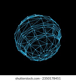 futuristic sphere and 3d wireframe ball shape. Cyber mesh sphere, futuristic geometric vector structure or blue wire line ball. Digital technology 3d polygonal hologram or model