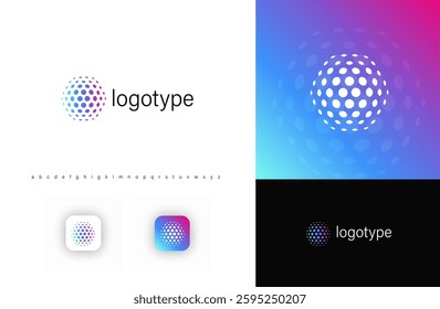 Futuristic sphere made of dotted patterns symbolizing digital networks, AI innovation. Represents technology, global connectivity, big data. Ideal for tech software, cybersecurity. Vector logo