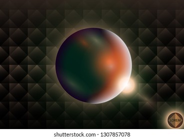 Futuristic sphere on a dark creative background of squares and rhombuses. Aura and flashes of light. Abstract background for flyers night disco. Burning pointer on the black wall in a club