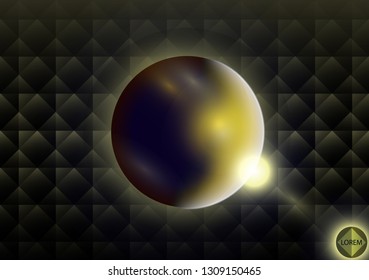 Futuristic sphere on a dark creative background of squares and rhombuses. Aura and flashes of light. Abstract background for flyers night disco. Burning pointer on the black wall in a club, bar or caf