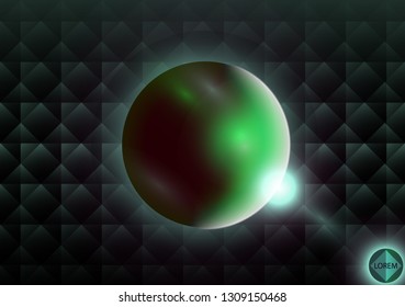 Futuristic sphere on a dark creative background of squares and rhombuses. Aura and flashes of light. Abstract background for flyers night disco. Burning pointer on the black wall in a club, bar or caf