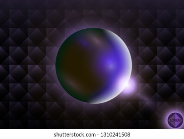 Futuristic sphere on a dark creative background of squares and rhombuses. Aura and flashes of light. Abstract background for flyers night disco. Burning pointer on the black wall in a club, bar or caf