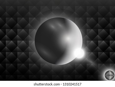 Futuristic sphere on a dark creative background of squares and rhombuses. Aura and flashes of light. Abstract background for flyers night disco. Burning pointer on the black wall in a club, bar or caf