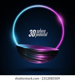 Futuristic sphere podium textured with striped pattern with glowing sparkling neon arc. 3D pedestal to showcase your brand product. Vector illustration. EPS 10.