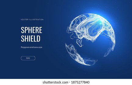 Futuristic sphere vector illustration on a blue background. Bubble topographic shield in an abstract glowing style. Dome in the form of lines 