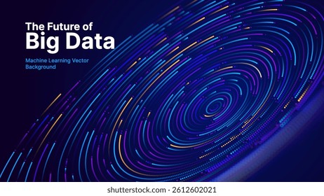 Futuristic Spiral Data Flow with Glowing Dots on Dark Background. Abstract Business Big Data and Machine Learning Visualization. AI and Tech Concept Art. Vector Illustration.