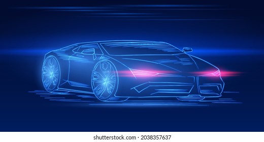 Futuristic sport car. Neon concept. Glowing electric virtual control. Traffic on a road. Minimalistic Background for interface or logo, banner. Vector illustration. Side view.