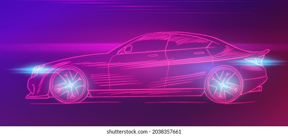 Futuristic sport car. Neon concept. Glowing electric virtual control. Traffic on a road. Minimalistic Background for interface or logo, banner. Vector illustration. Side view.