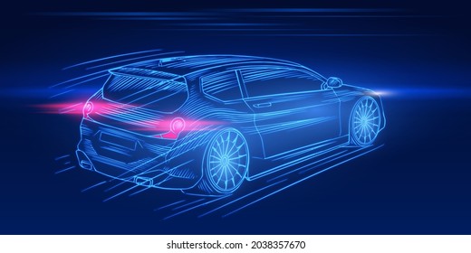 Futuristischer Sportwagen. Neon Konzept. Glühende elektrische virtuelle Steuerung. Verkehr auf der Straße. Minimalistischer Hintergrund für Interface oder Logo, Banner. Vektorgrafik. Seitenansicht.