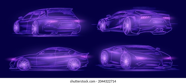 Futuristic sport car. Neon concept. Glowing electric virtual control. Traffic on a road. Minimalistic Background for interface or logo, banner. Vector illustration. Side view.