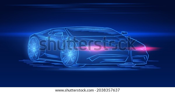 Futuristic sport car.\
Neon concept. Glowing electric virtual control. Traffic on a road.\
Minimalistic Background for interface or logo, banner. Vector\
illustration. Side\
view.