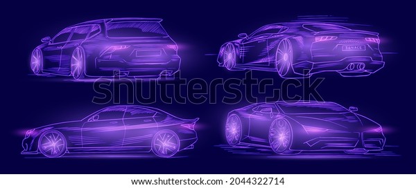 Futuristic sport car.\
Neon concept. Glowing electric virtual control. Traffic on a road.\
Minimalistic Background for interface or logo, banner. Vector\
illustration. Side\
view.