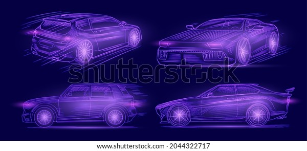 Futuristic sport car.
Neon concept. Glowing electric virtual control. Traffic on a road.
Minimalistic Background for interface or logo, banner. Vector
illustration. Side
view.