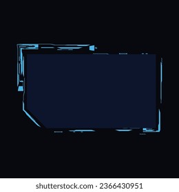 Futuristic square frame, vector illustration for web design isolated on black background. Neon game element for ui interface, digital sci fi drawing. Abstract ripped form in blue color.