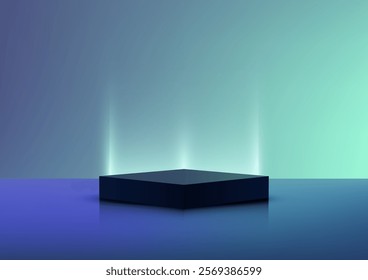 Futuristic square platform on a reflective blue surface with a vibrant blue-green gradient backdrop. Glowing vertical streaks add a sleek tech vibe for product mockups or showcases.