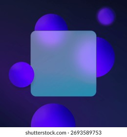 Painel de interface de usuário quadrado futurista em estilo glassmorphism com esferas de gradiente roxo profundo e um fundo borrado azul suave.