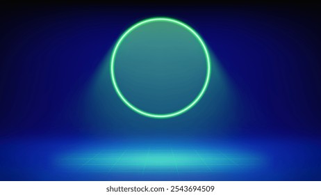Futuristic stage blue background. Room illuminated by circular green neon, modern led halo spotlight, grid floor. Backdrop for displaying products, presentation, advertising. Showcase. Vector