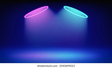 Plano de fundo azul de estágio futurista. Sala iluminada por neon azul rosa circular, moderno holofote conduzido halo. Plano de fundo para exibição de produtos, apresentação e publicidade. Exibição. Ilustração vetorial