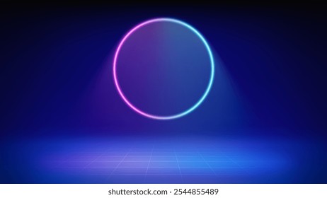 Fondo azul de la etapa futurista. Habitación iluminada por neón azul rosado circular, proyector de halo led moderno, piso de rejilla. Telón de fondo para mostrar productos, presentación, publicidad. Escaparate. Vector