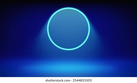 Futuristic stage blue background. Room illuminated by circular cyan neon, modern led halo spotlight. Backdrop for displaying products, presentation, advertising. Showcase. Vector illustration