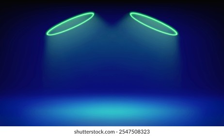 Futuristische Bühne blauer Hintergrund. Zimmer beleuchtet von kreisförmigen grünen Neon, moderne führte Halo Scheinwerfer. Hintergrund für die Anzeige von Produkten, Präsentation, Werbung. Showcase. Vektorgrafik