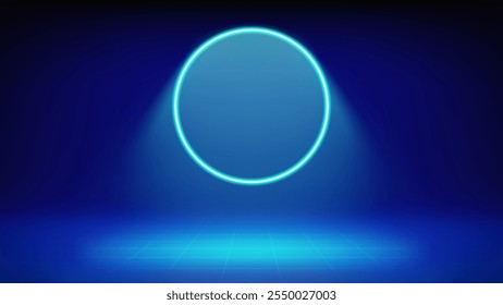 Futuristic stage blue background. Room illuminated by circular cyan neon, modern led halo spotlight, grid floor. Backdrop for displaying products, presentation, advertising. Showcase. Vector