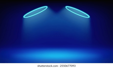 Futuristic stage blue background. Room illuminated by circular cyan neon, modern led halo spotlight. Backdrop for displaying products, presentation, advertising. Showcase. Vector illustration