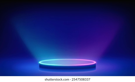 Futuristic stage, glowing podium. Blue room, round magenta blue neon pedestal podium illuminating the advertised product from below. Background for displaying products, presentation. Backdrop. Vector