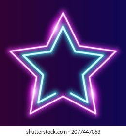 Borde de marco de la estrella futurista Neon. fondo de neón azul y rosa brillante