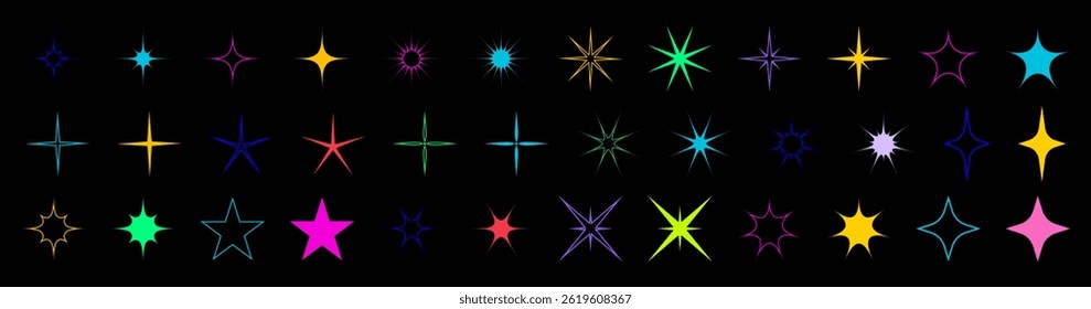 Futuristic stars icon collection. Multicolored stars. Set of white stars shapes. Abstract cool stars vector design. EPS 10.
