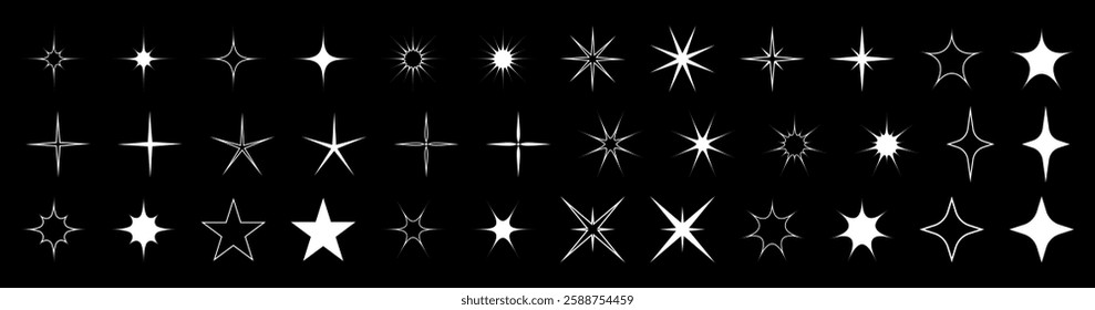 Futuristic stars icon collection. Set of white stars shapes. Abstract cool stars vector design. Templates for design, posters, projects, banners, logo, and business cards. EPS 10.