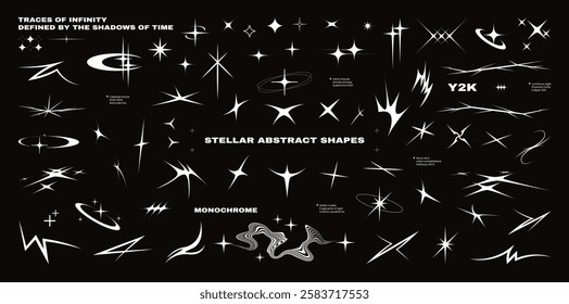 Futuristic stars, sparks, highlights, flashes, flickers in y2k set. Retrofuturistic cybersigilism elements, space sparks, stylish deformed stars. Acid Vaporwave shapes from 90s, 00s. Y2K stars. Vector