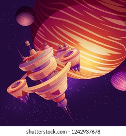 Futuristic starship, intergalactic space station or future orbital metropolis flying near gas giant planet with two natural satellites cartoon vector. Science fiction deep space cruise liner or colony