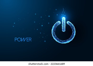 Futuristic start power button in glowing low polygonal style isolated on dark blue background. Startup, business launch concept. Modern abstract connection design vector illustration.