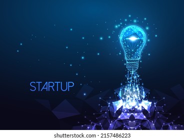 Futuristic Startup, Innovative Business Idea Concept With Glowing Low Polygonal Lightbulb As Rocket