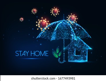 Futuristic stay at home during coronavirus outbreak concept with glowing low polygonal virus cells, protection umbrella and residential house isolated on dark blue background. Lockdown and quarantine concept.