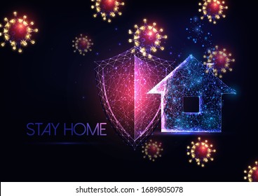 Futuristic stay at home during coronavirus outbreak concept with glowing low polygonal virus cells, protection shield and residential house isolated on dark blue background. Lockdown and quarantine 