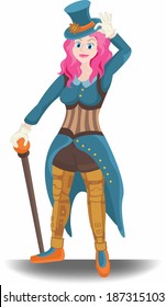 Futuristic Steam punk Entrepreneur with Pink Hair, Top Hat, Cane and Robotic Legs Vector