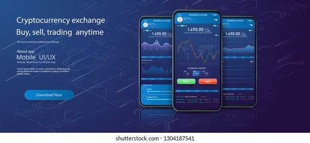 Futuristic stock exchange scene with mobile phone, chart, numbers and BUY and SELL options. Flat style web banner on mobile stock trading concept, online trading, market analysis, business 