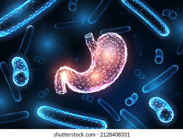 Futuristic stomach infection, gastroenteritis concept with glowing human stomach and bacteria