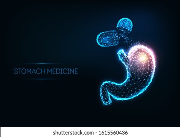 Futuristic stomach medicine concept with glowing low polygonal human stomach and capsule pills isolated on dark blue background. Modern wire frame mesh design vector illustration. 