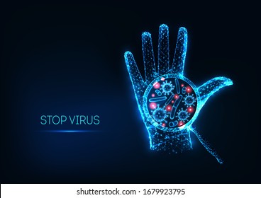 Futuristic stop coronavirus concept with glowing low polygonal human hand and virus cell under magnifying glass isolated on dark blue background. Modern wire frame mesh design vector illustration.