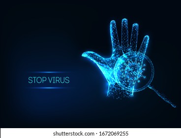 Futuristic stop virus concept with glowing low polygonal human hand and virus cell under magnifying glass isolated on dark blue background. Modern wire frame mesh design vector illustration. 
