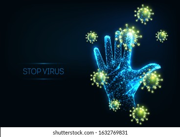 Futuristic stop virus web banner with glowing low polygonal virus cells and raised up human hand on dark blue background. Immunology, virology, epidemiology concept. Vector illustration. 