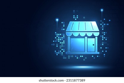 Futuristic store shop glowing blue digital transformation abstract pixels technology background. Innovative cyber tech and Business online market concept. Copy space. Vector illustration