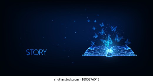 Futuristic story telling, literature reading concept with glowing low polygonal open book and flying butterflies isolated on dark blue background. Modern wire frame mesh design vector illustration. 