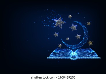 Futuristic storytelling, mystery stories concept with glowing low polygonal open book, stars and moon isolated on dark blue background. Modern wire frame mesh design vector illustration.