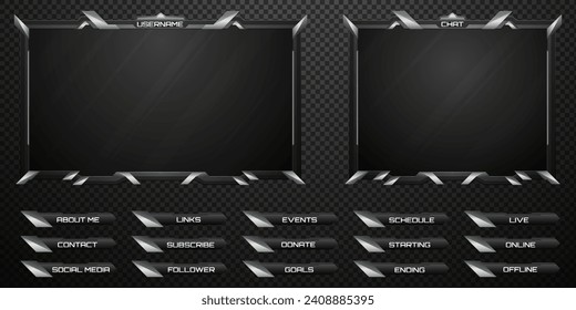 Futurista Stream Overlay Black and Silver Border Webcam Frame y Stream Alert Screen Paneles GUI para plataformas de streaming de video y juegos