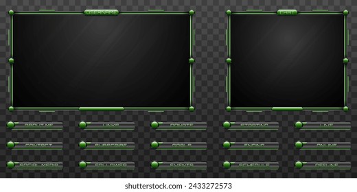 Futuristic Stream Overlay Webcam Screen Frame and Stream Alert GUI Panels with Metallic Black and Green Color Borders for Gaming and Live Video Streaming Platforms