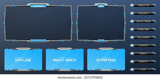 Futuristic Stream Overlay Webcam Screen Frame and Stream Alert GUI Panels in Metallic Black, Silver, and Sky Blue Color-Themed for Gaming and Live Video Streaming Platforms